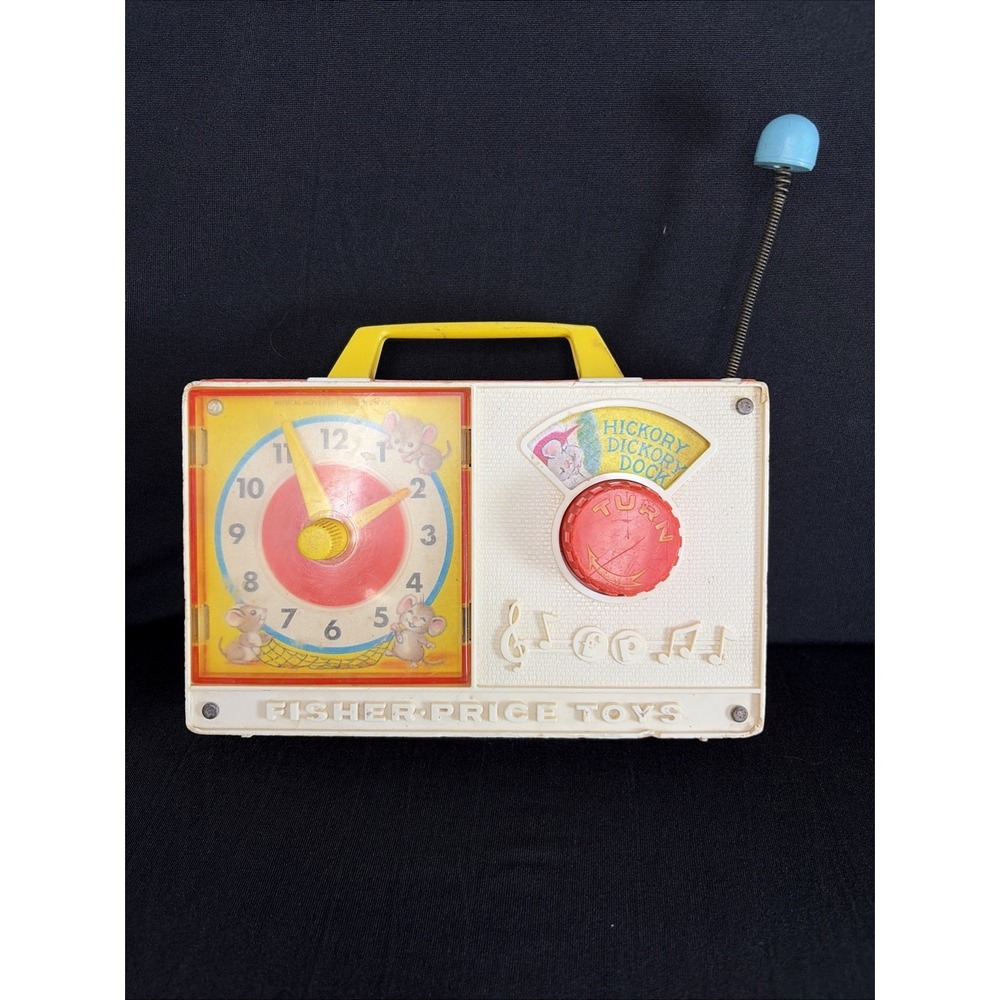 VTG Fisher Price 1964 Music Box Clock Radio Wind Up Hickory Dickory Dock Works